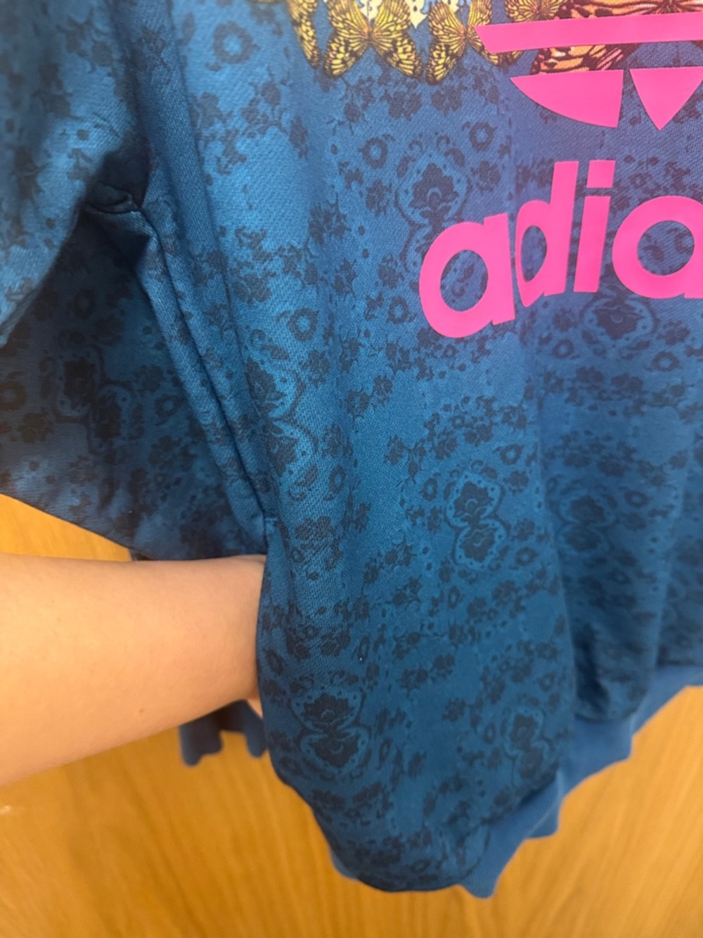 adidas and Farm Rio Blue Sweatshirt with Hot Pink Trefoil and butterfly print! - Picture 5 of 8